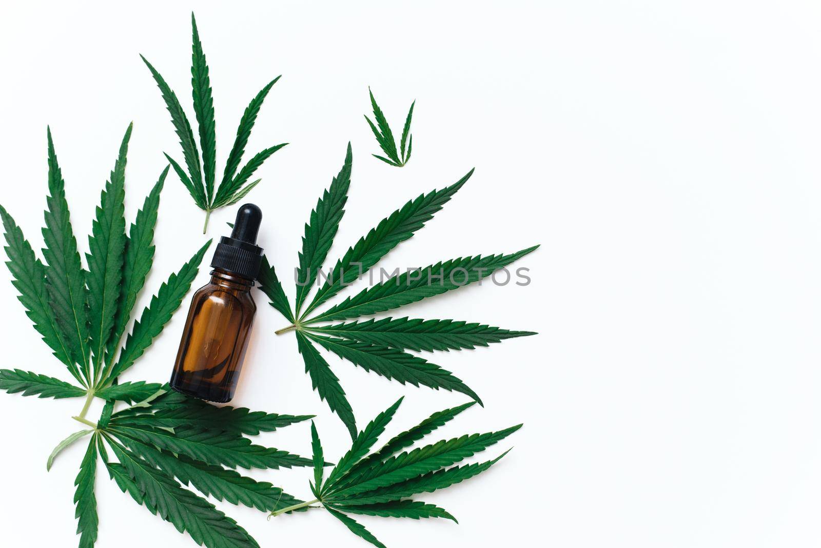 Dropper bottle with CBD oil and hemp leaves. Cosmetic serum CBD on a white background. Copy space.