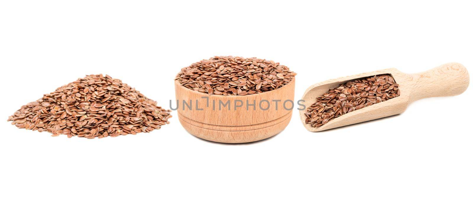 Dry flax seeds in a bowl and a scoop isolate on a white background, collection