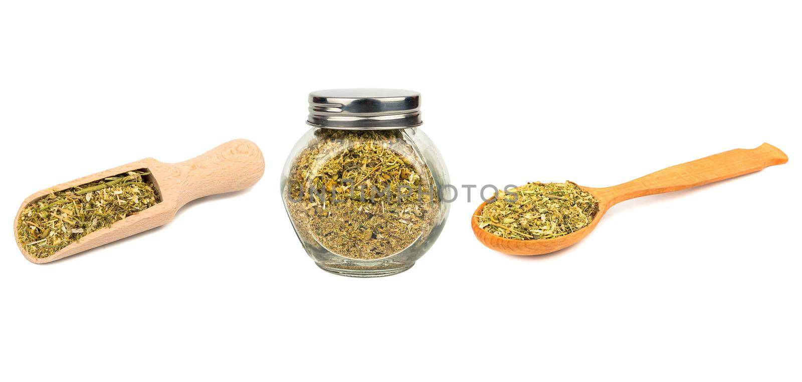 Dry grass chamomile in different containers isolated on white background, collection