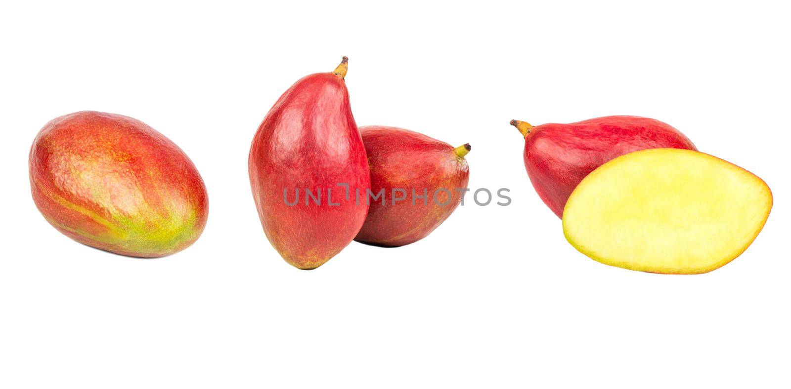 Fresh organic mango isolated on white background. Red mango fruit clipping path. Mango macro studio photo. Collection mango