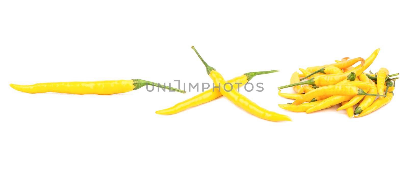 Fresh yellow thin chili pepper isolate on white background, set