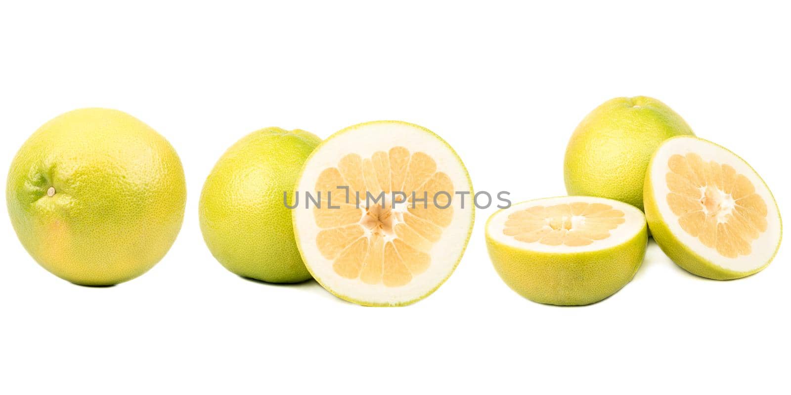 Ripe sweetie citrus, whole fruit, cross section and slice, set isolated on white background