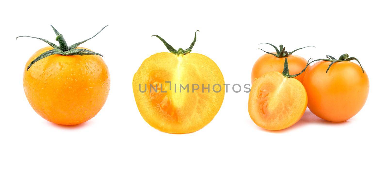 Cherry tomatoes isolated on white background. Yellow pear, isis candy cherry tomato. Top view, flat lay