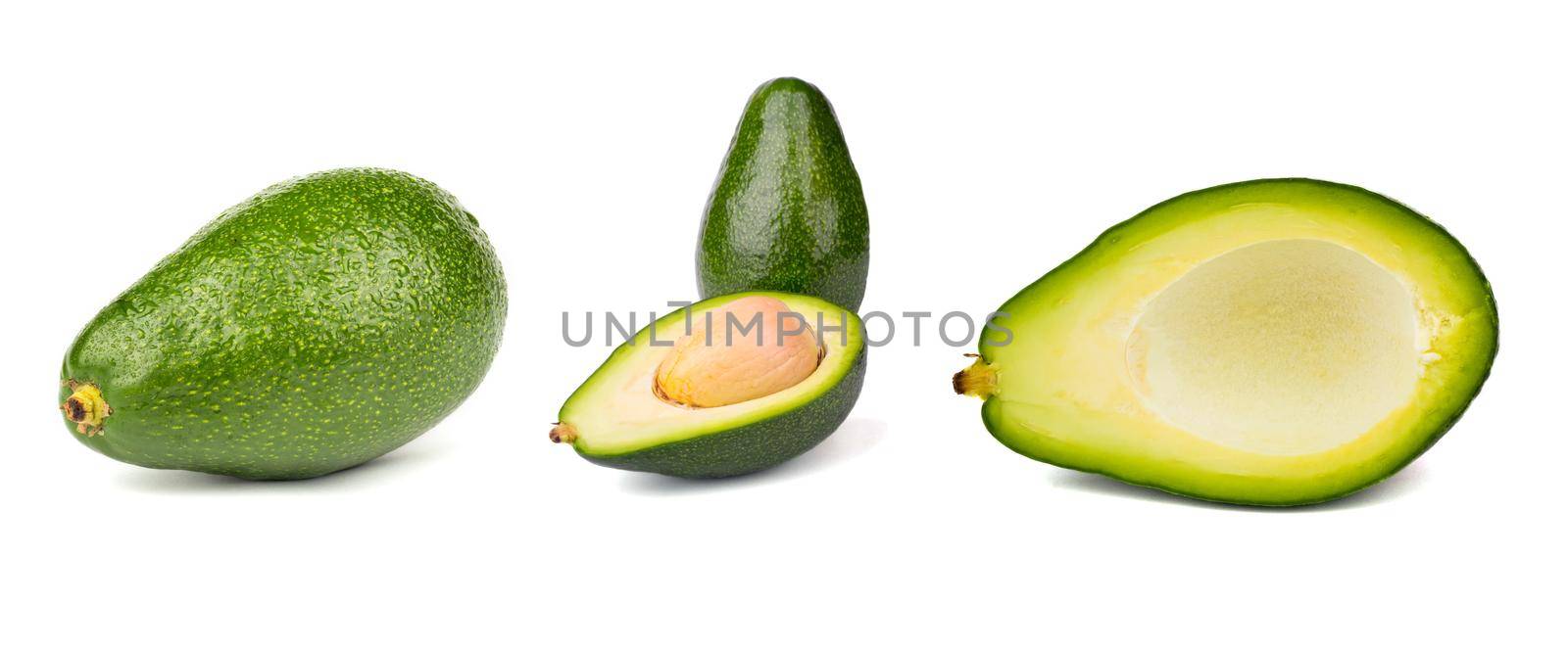 Isolated avocado. Whole avocado fruit and two halves in a row isolated on white background with clipping path