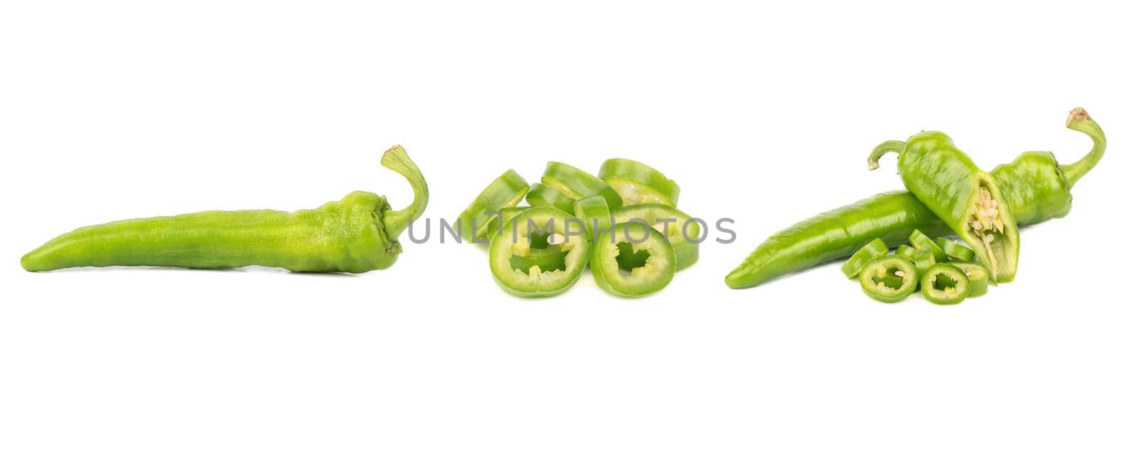 Green jalapeno peppers collection isolate on white background