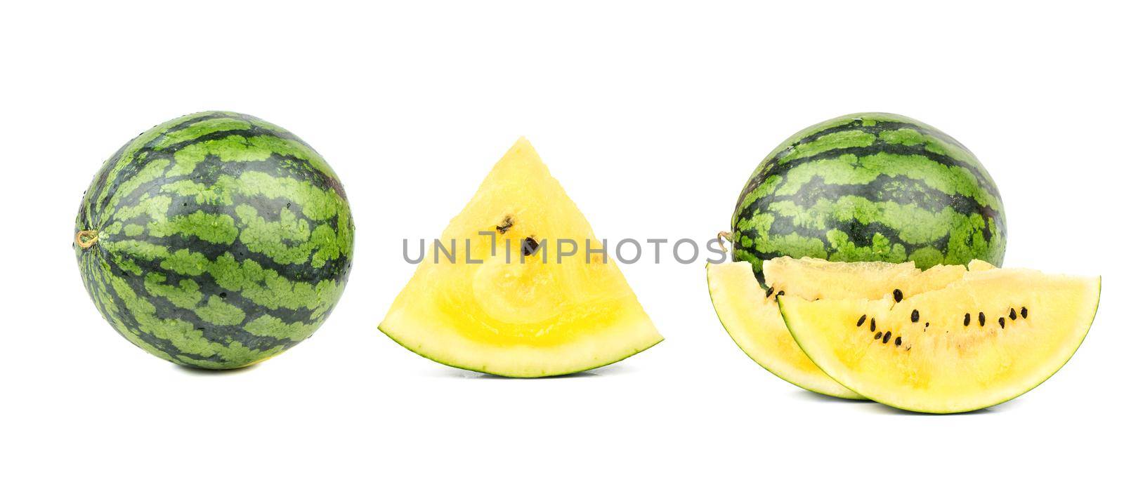Yellow watermelon with half and slices isolate on white background. Set