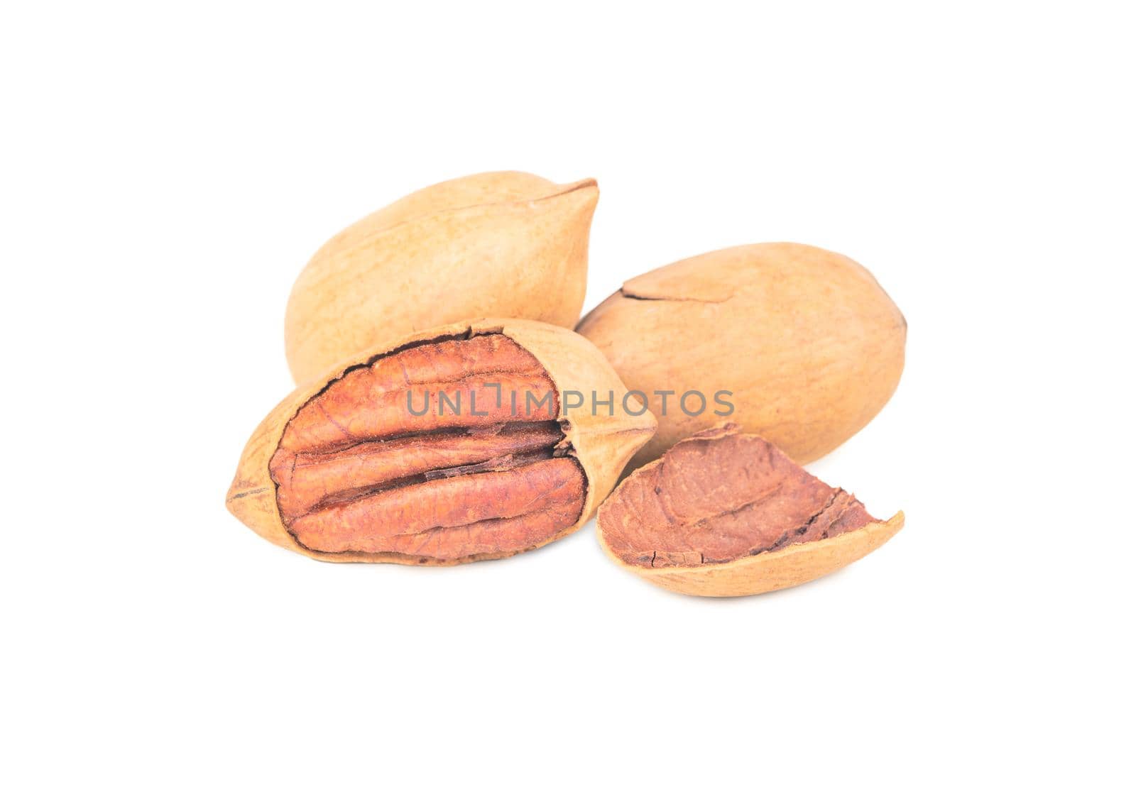 Three pecans in shell isolated on white background