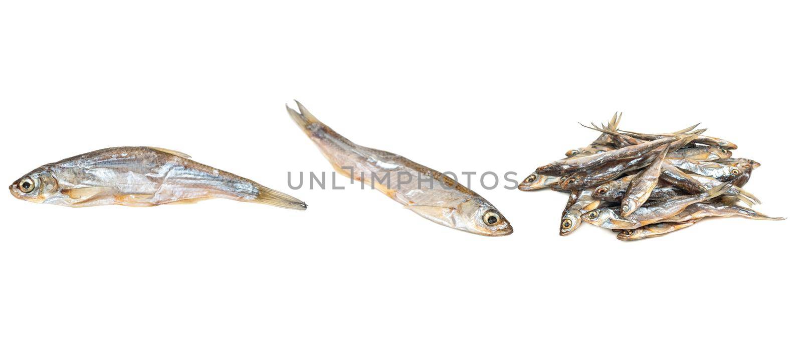 Dry small fish isolate on white background, set