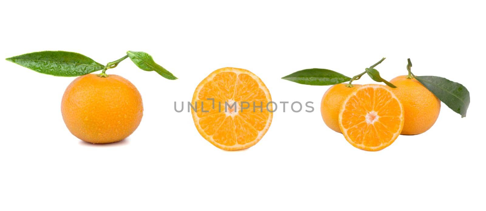 Mandarin with slices and green leaf isolated on white background top view, set