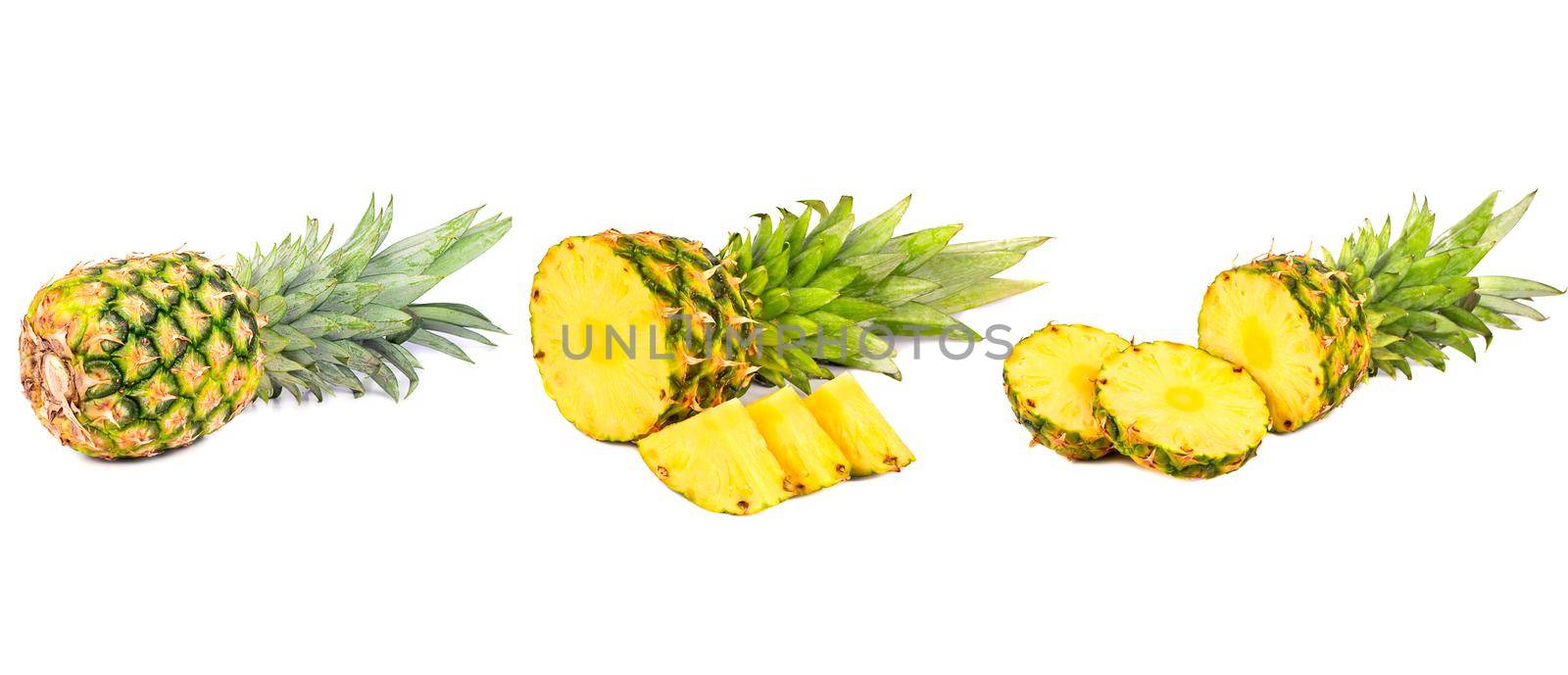 Pineapple collection. Whole and sliced pineapple isolated on white background with clipping path