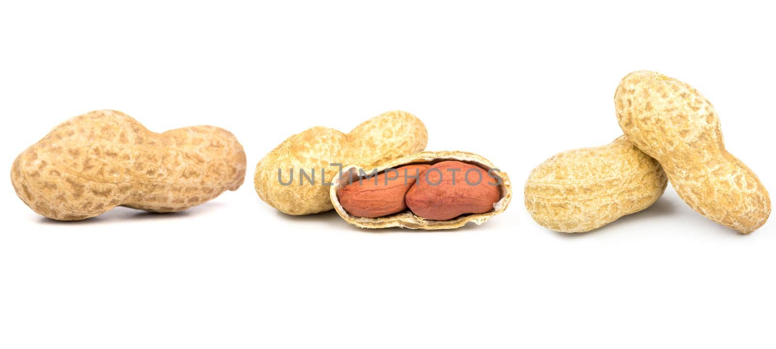 Peanuts. Unpeeled nuts isolated on white background. Collection. Full depth of field.