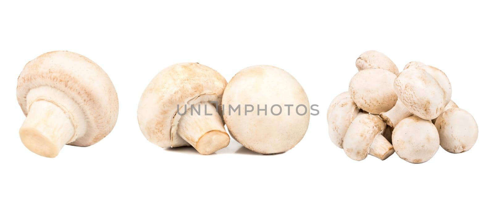 Set of fresh whole and sliced champignon mushrooms isolated on white background. Top view.