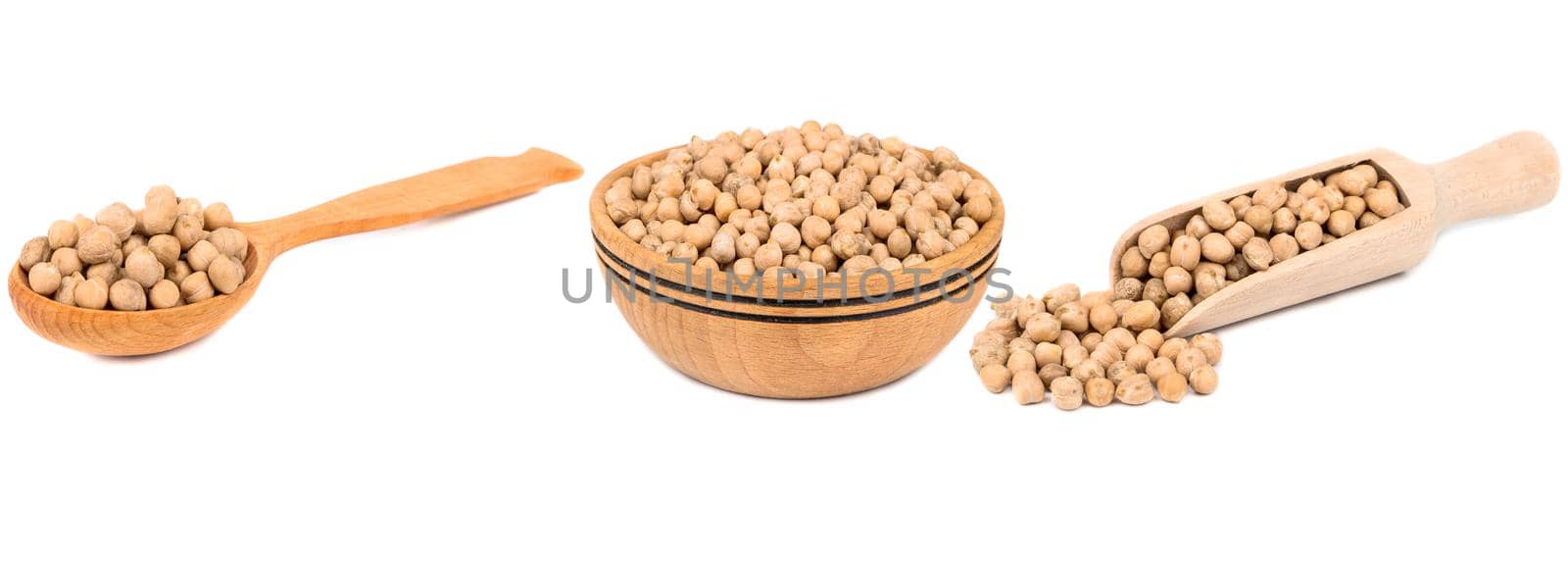 Dry chickpeas in wooden containers isolate on white background, collection