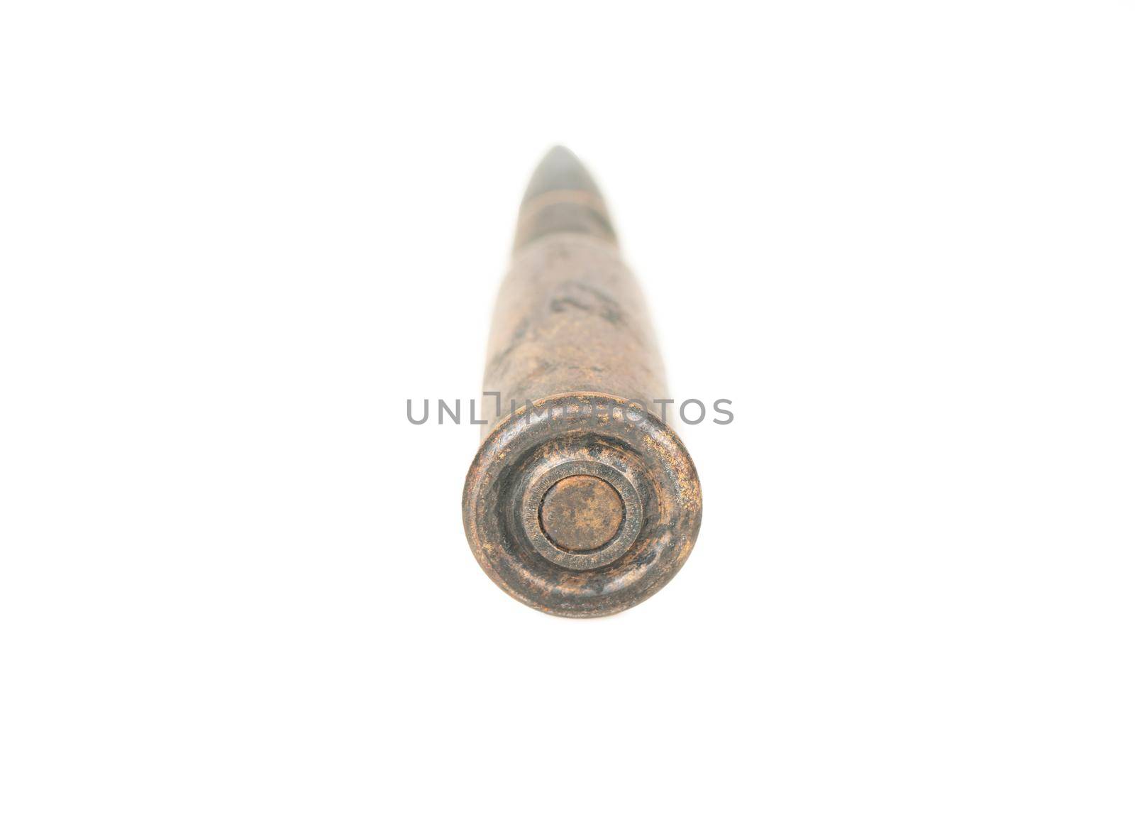 Cartridge of a Kalashnikov assault rifle on a white background