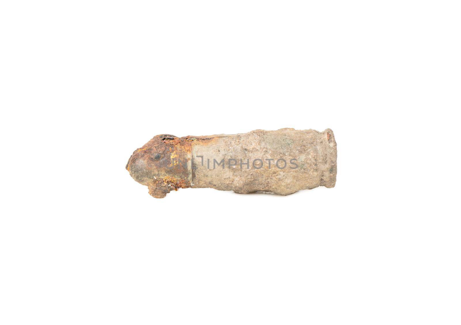 Old rusty bullet from a pistol from the Second World War isolate on a white background