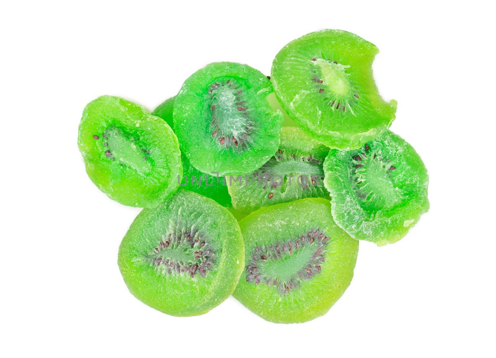 Heap of dry kiwi slices isolate on white background top view