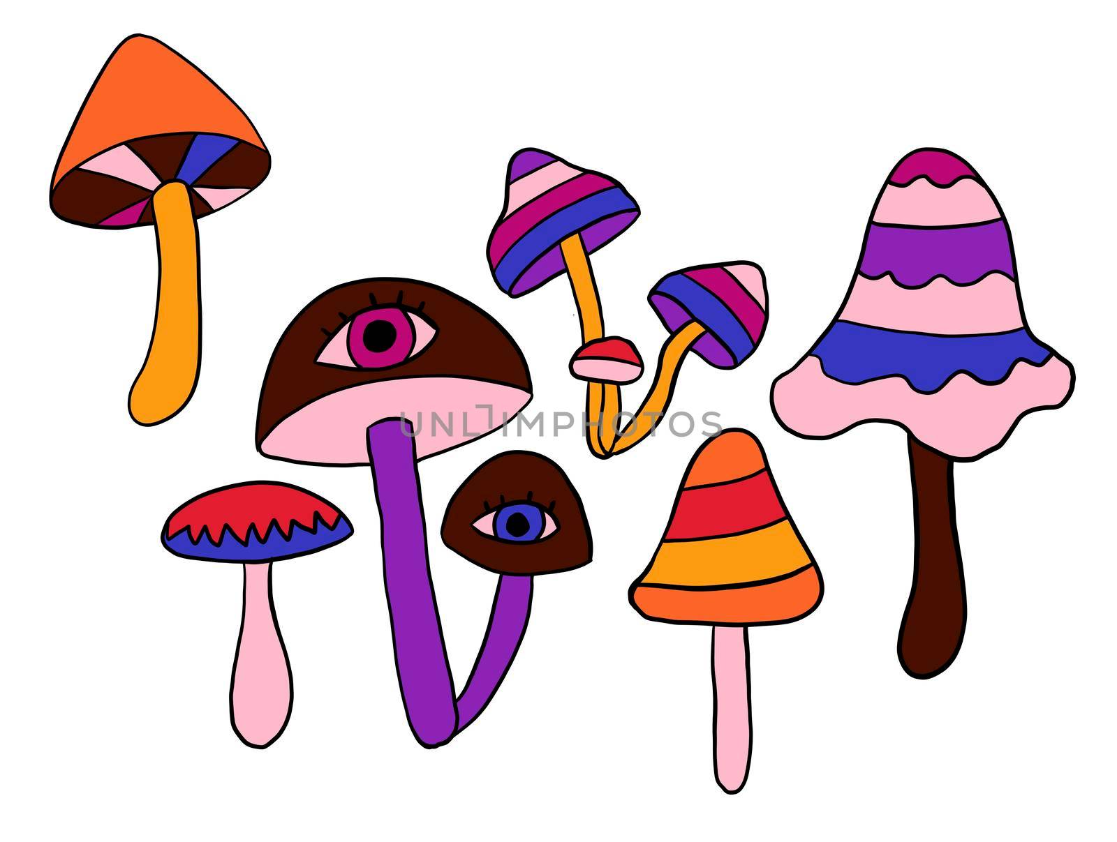 Hand drawn clipart illustration with hippie groovy mushrooms in orange purple blue red colors. Retro vintage 1960s 1970s style, trippy wild bright background with hallucination hypnotic elements