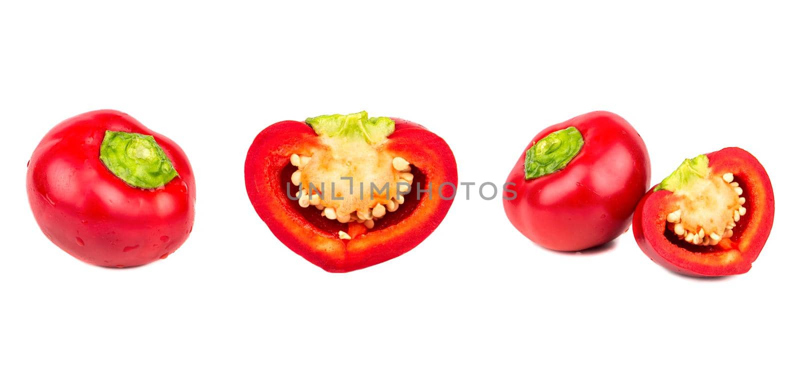 Set of fresh whole and sliced sweet red pepper isolated on white background.