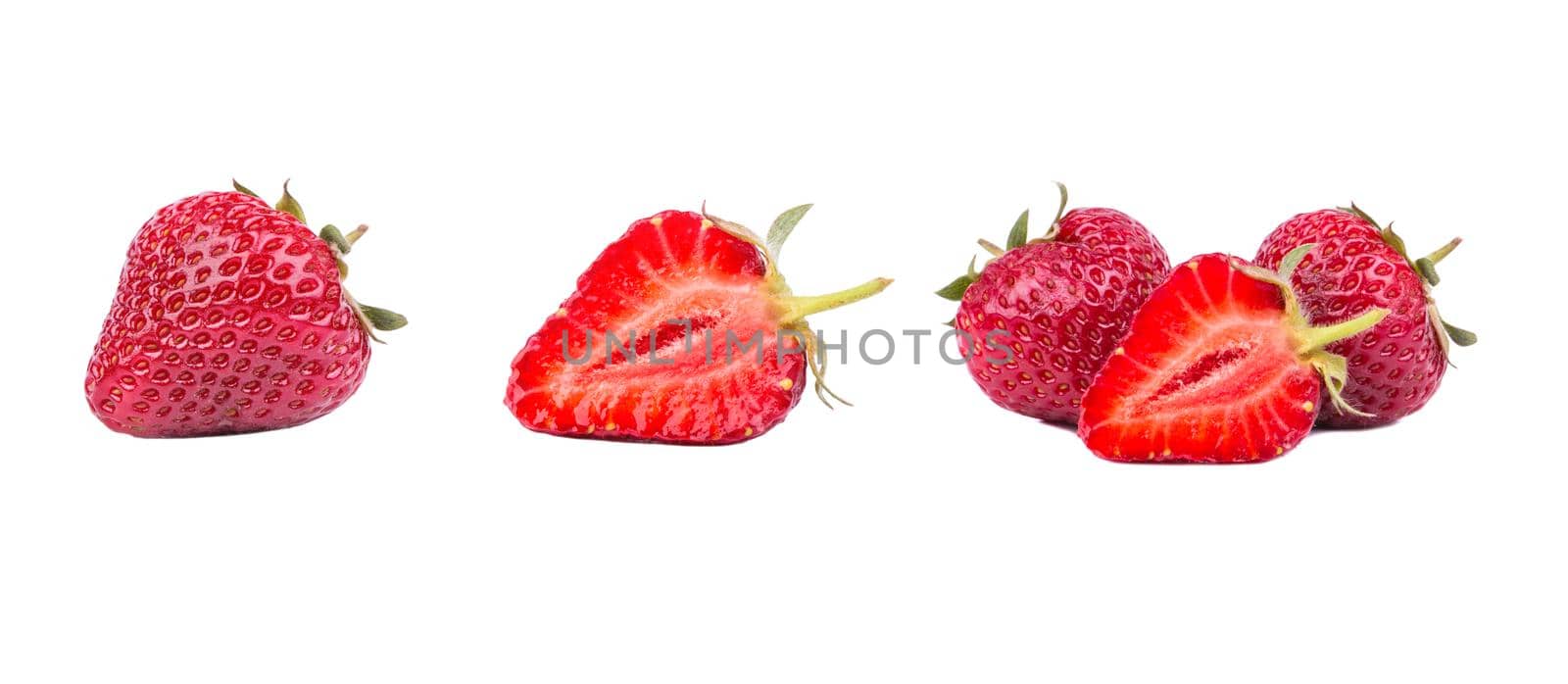 Set of strawberries in a cut and whole, with a spine, isolated on a white background.