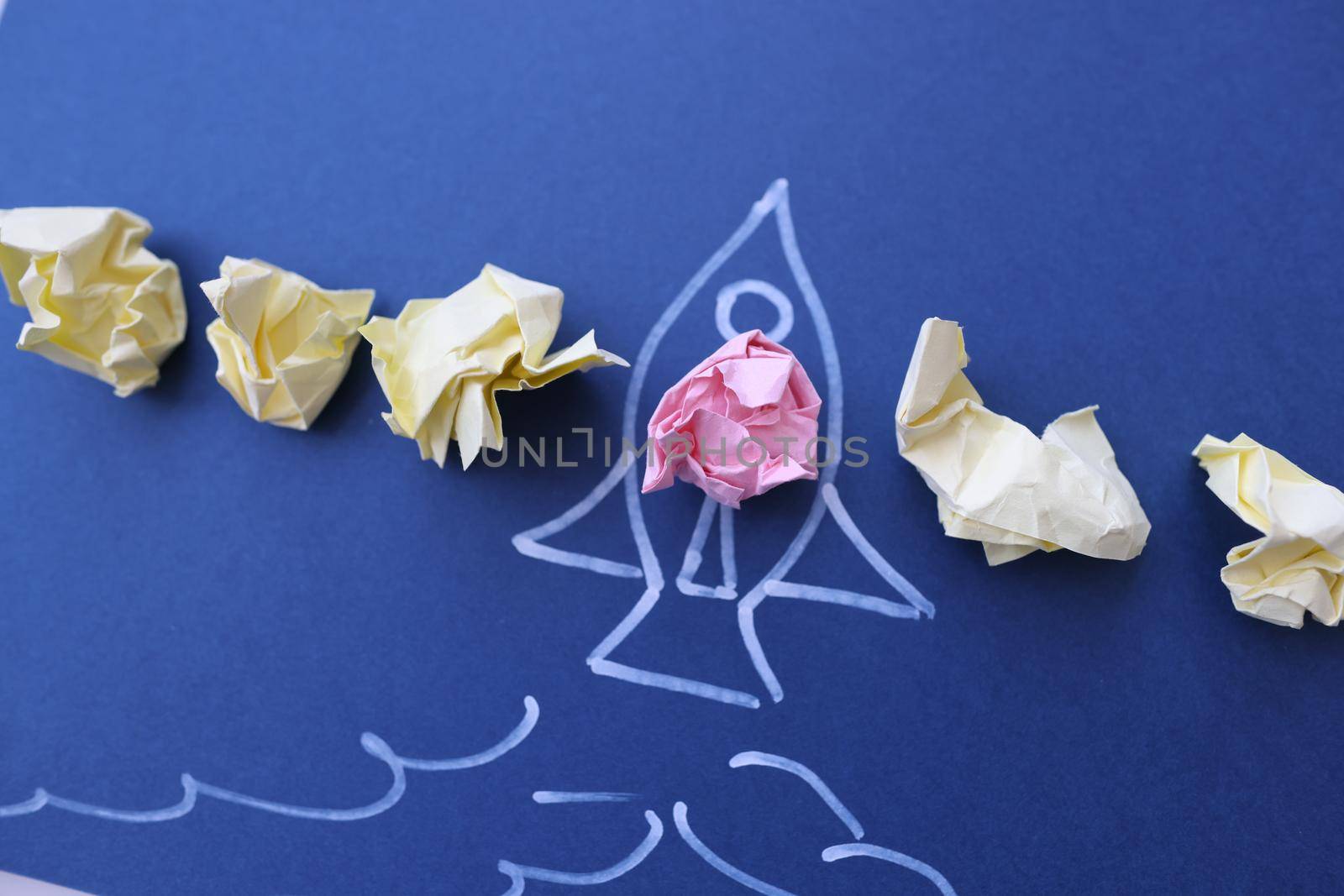 Drawn rocket with crumpled stickers and launch up. New creative ideas in business concept
