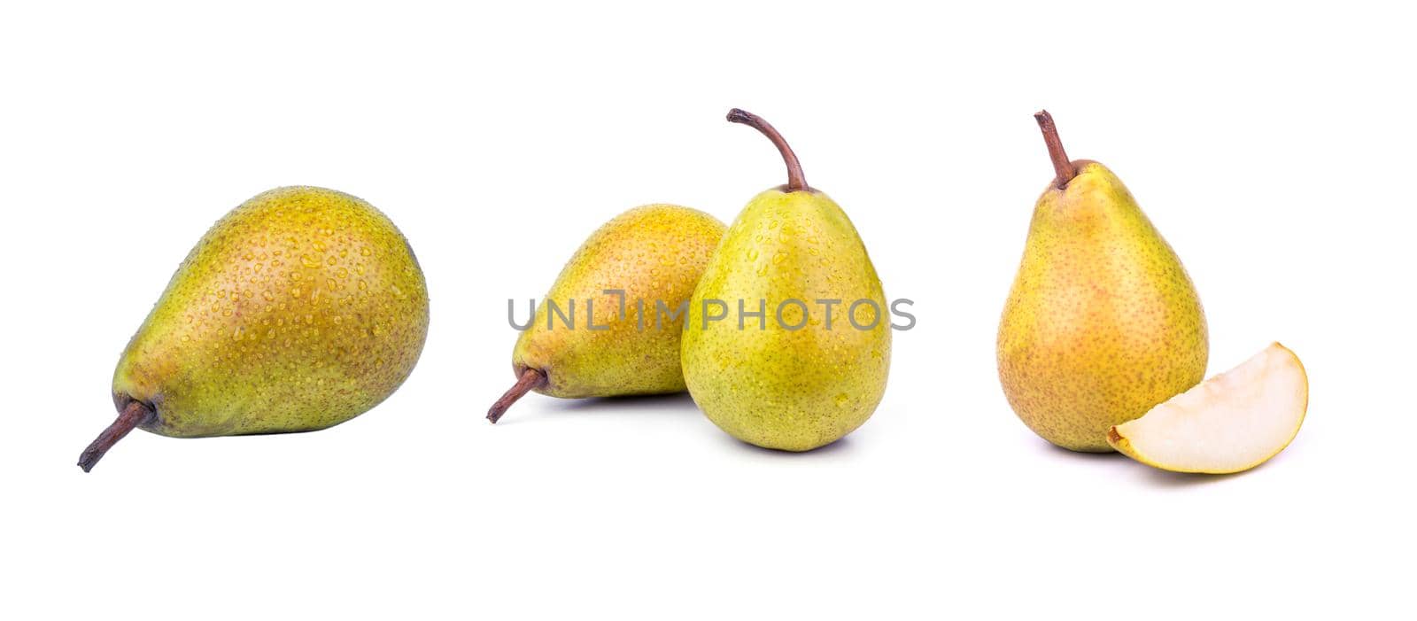 Set fresh pears whole, cut in half, quarter isolated on white background Clipping Path.