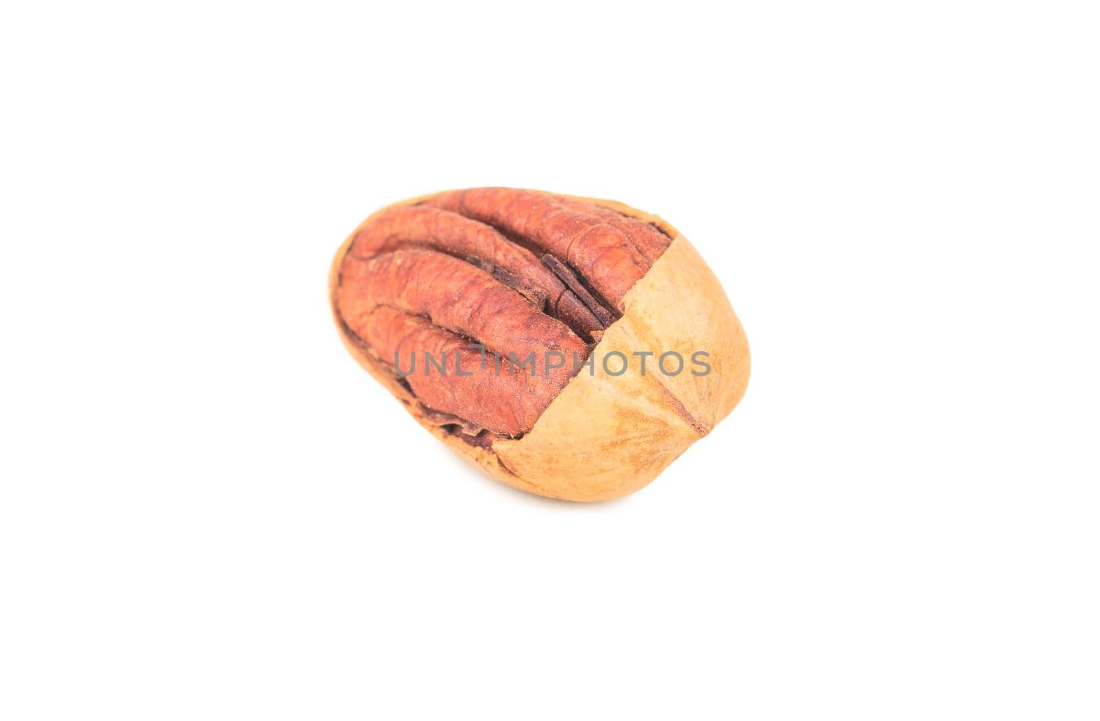 Pecan nut with broken shell isolated on white background