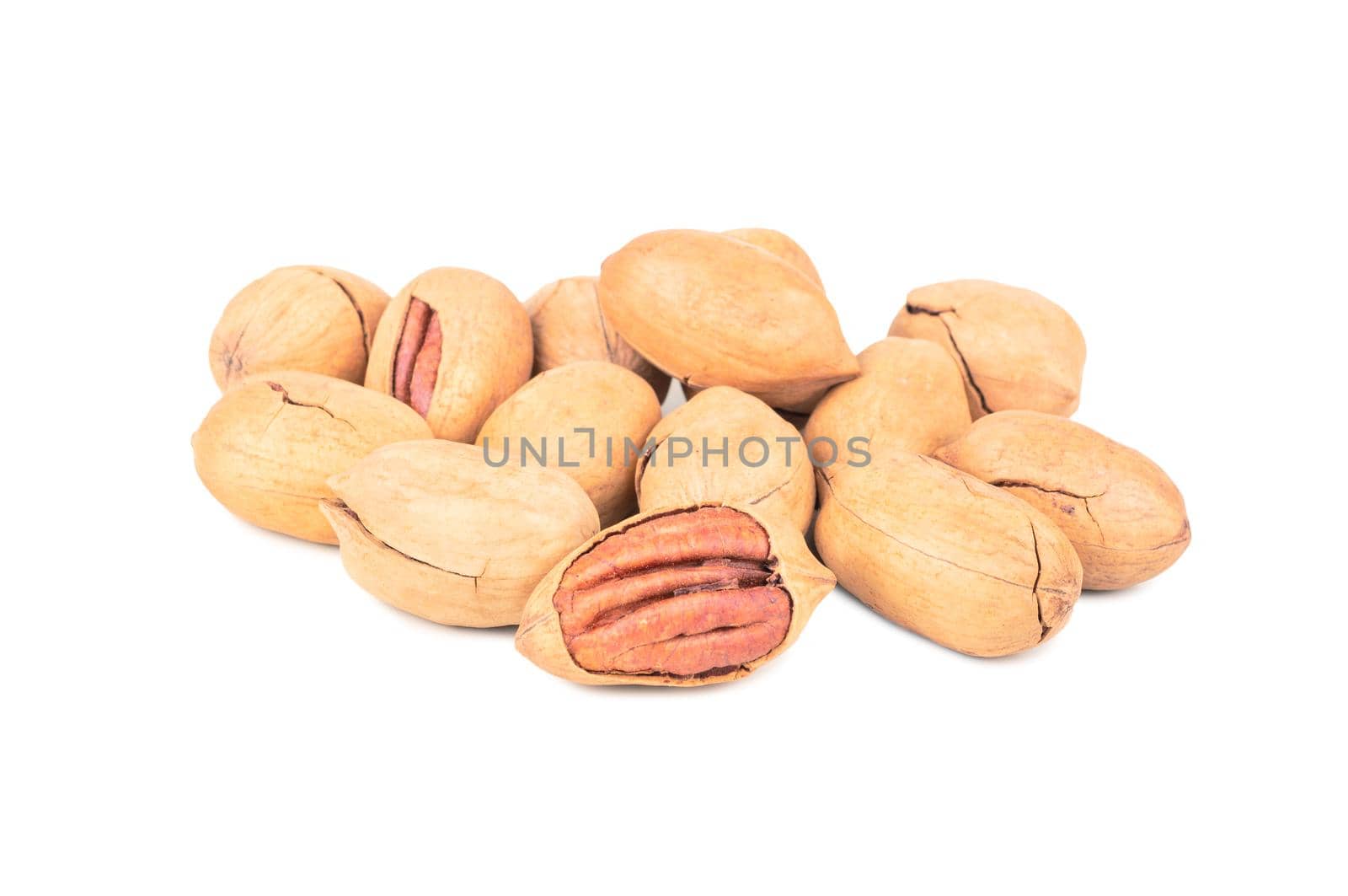 Bunch of organic pecans in shell on white background