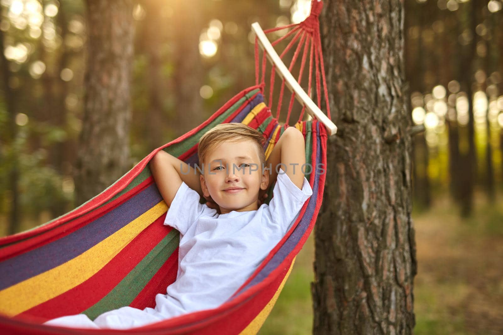 Cute little blond caucasian boy having fun with multicolored hammock in backyard or outdoor playground. Summer active leisure for kids. Child on hammock. Activities and fun for children outdoors
