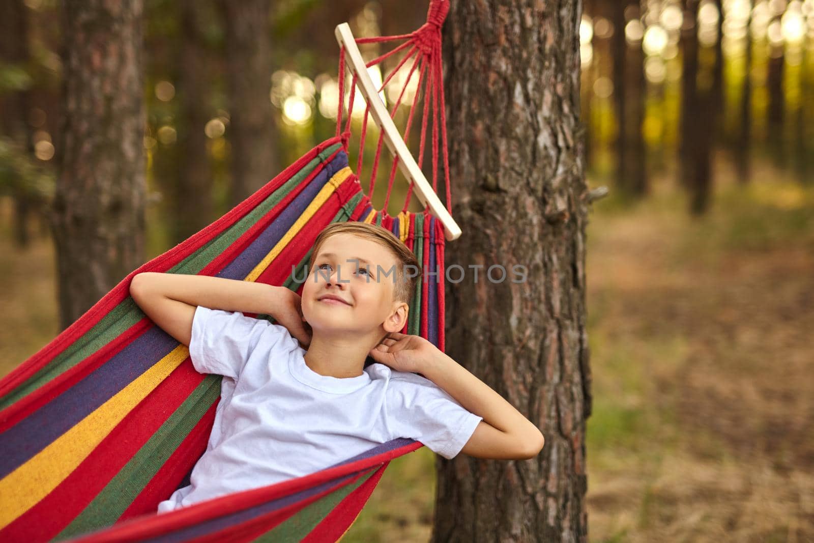 Cute boy is lying in a colorful hammock. The kid is riding in a hammock. Leisure concept