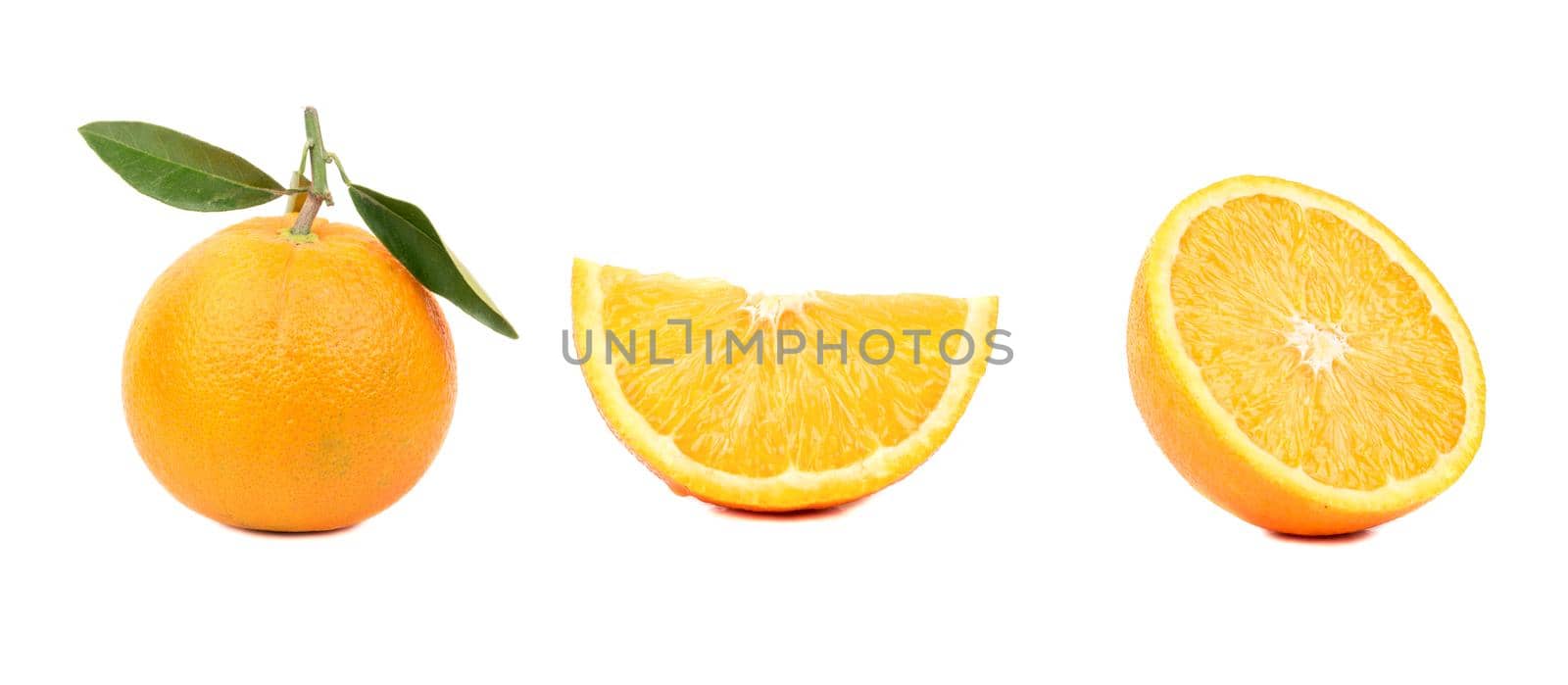 Isolated oranges. Collection of whole and sliced orange fruits isolated on white background with clipping path