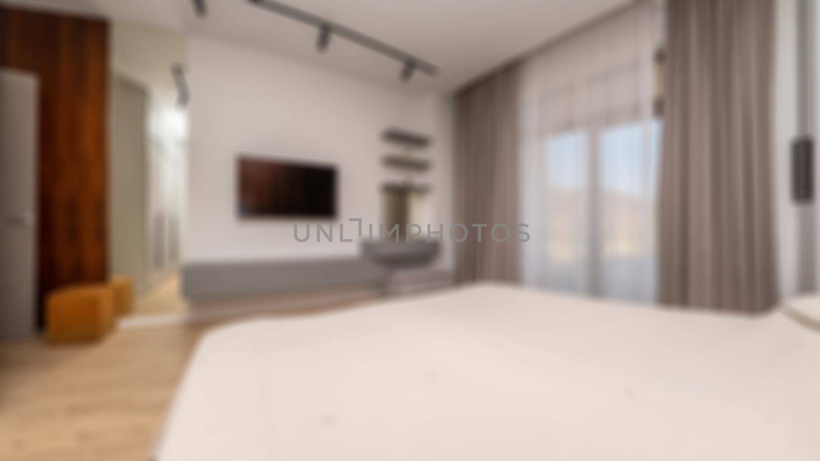 Defocused and Blur Photo of Luxury and Modern Bedroom Hotel Appartment Interior Design. Perfect for background. by panophotograph