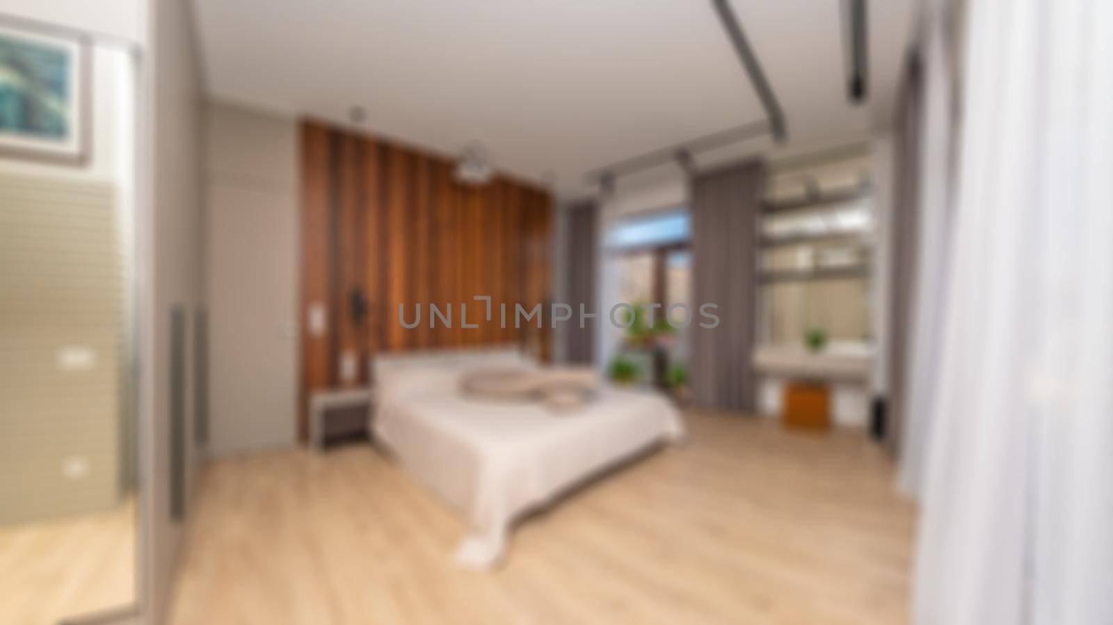 Defocused and Blur Photo of Luxury and Modern Bedroom Hotel Appartment Interior Design. Perfect for background. by panophotograph