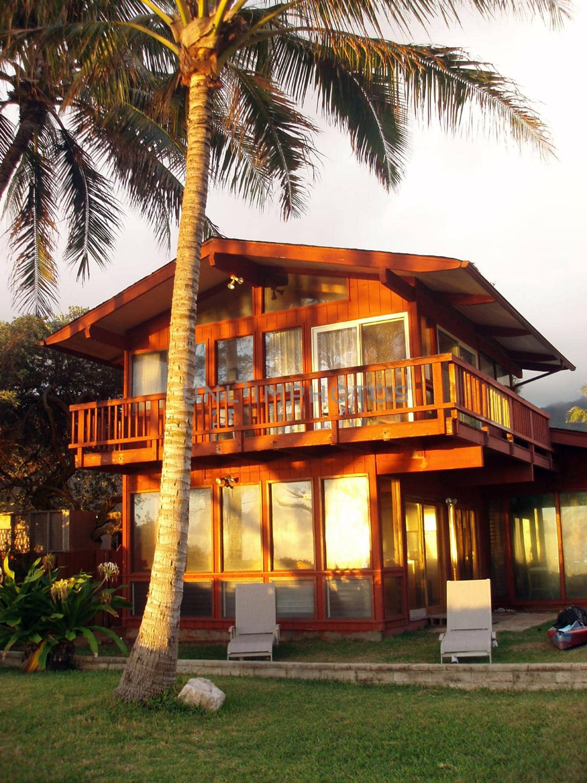 beachside of Red Waimanalo house with Coconut tree and lawn chairs.  With sun reflecting in the mirror.