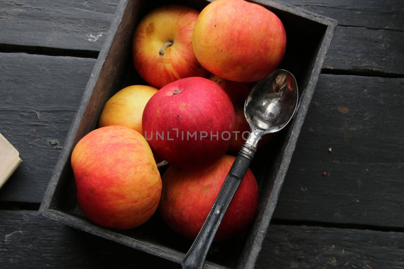 Ripe red apples on wooden table. Top view. High quality photo