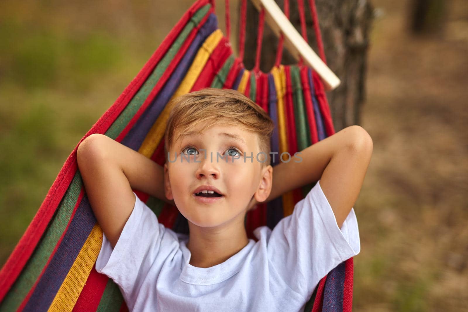 Cute boy is lying in a colorful hammock. The kid is riding in a hammock. Leisure concept