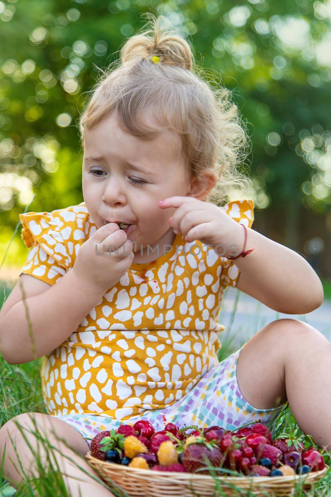 The child eats berries in the garden. Selective focus. Kid.