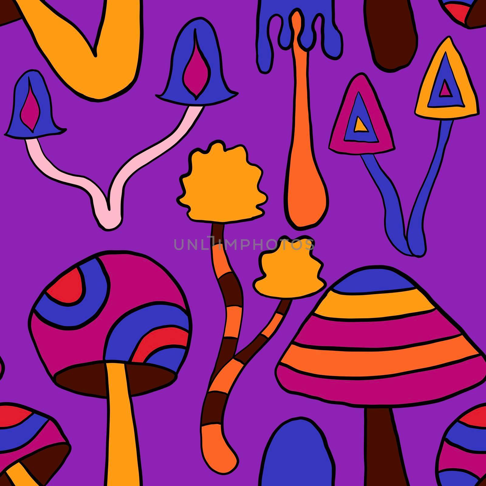 Seamless hand drawn pattern with hippie groovy mushrooms in orange purple blue red colors. Retro vintage 1960s 1970s style, trippy wild bright background with hallucination hypnotic elements. by Lagmar