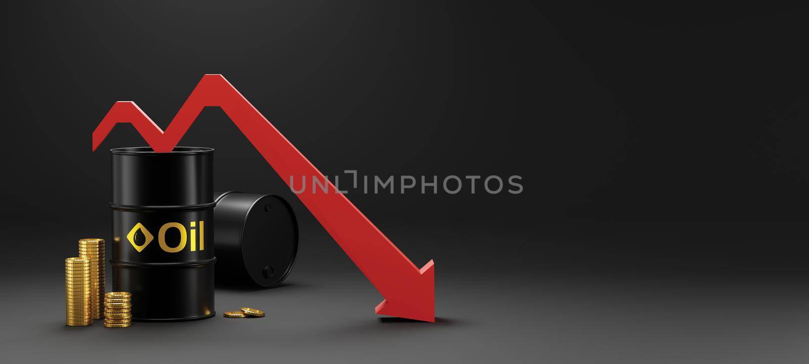 Oil barrels with golden coins crude oil prices 3D render