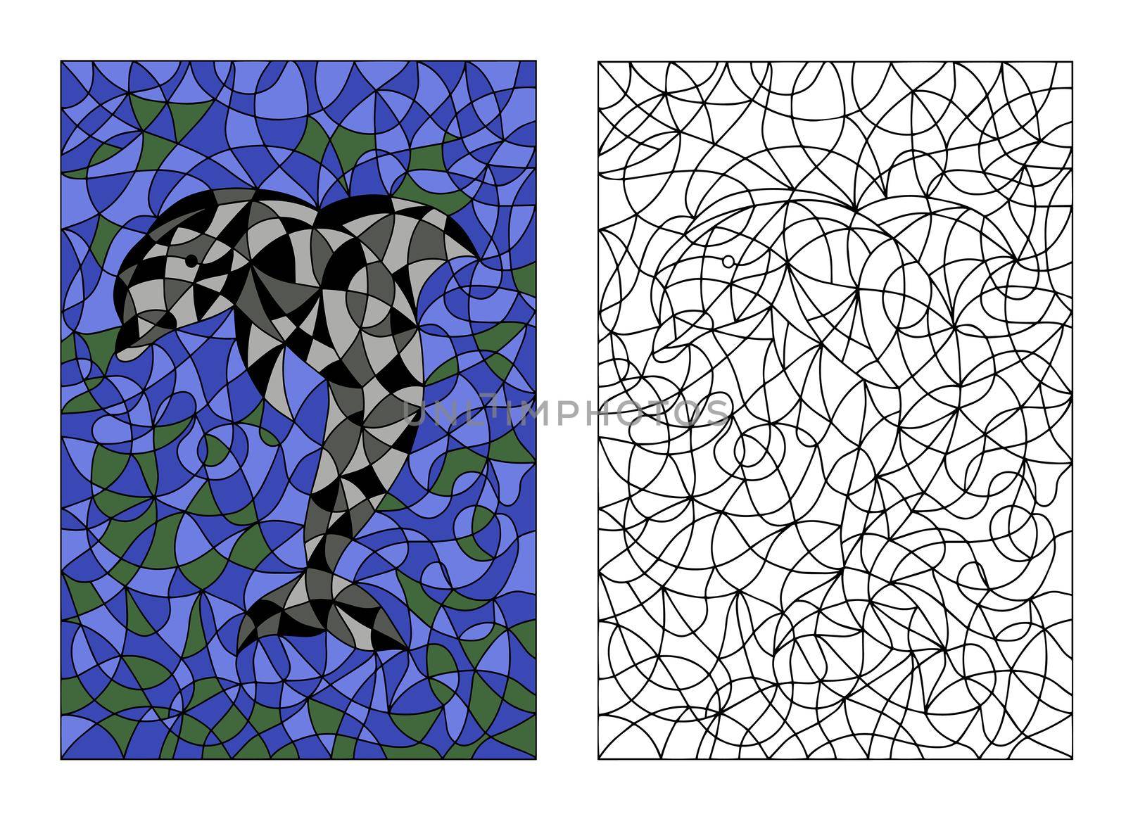 Black and White and Colored Illustration in stained glass style with abstract Dolphin. Image for Coloring Book, Coloring Page, Print, Batik and Window.