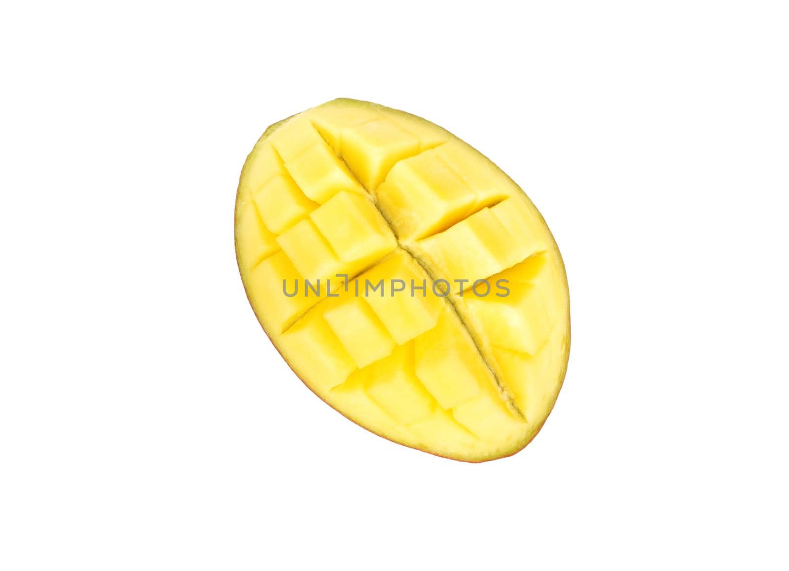 Sliced half of mango fruit isolated on a white background