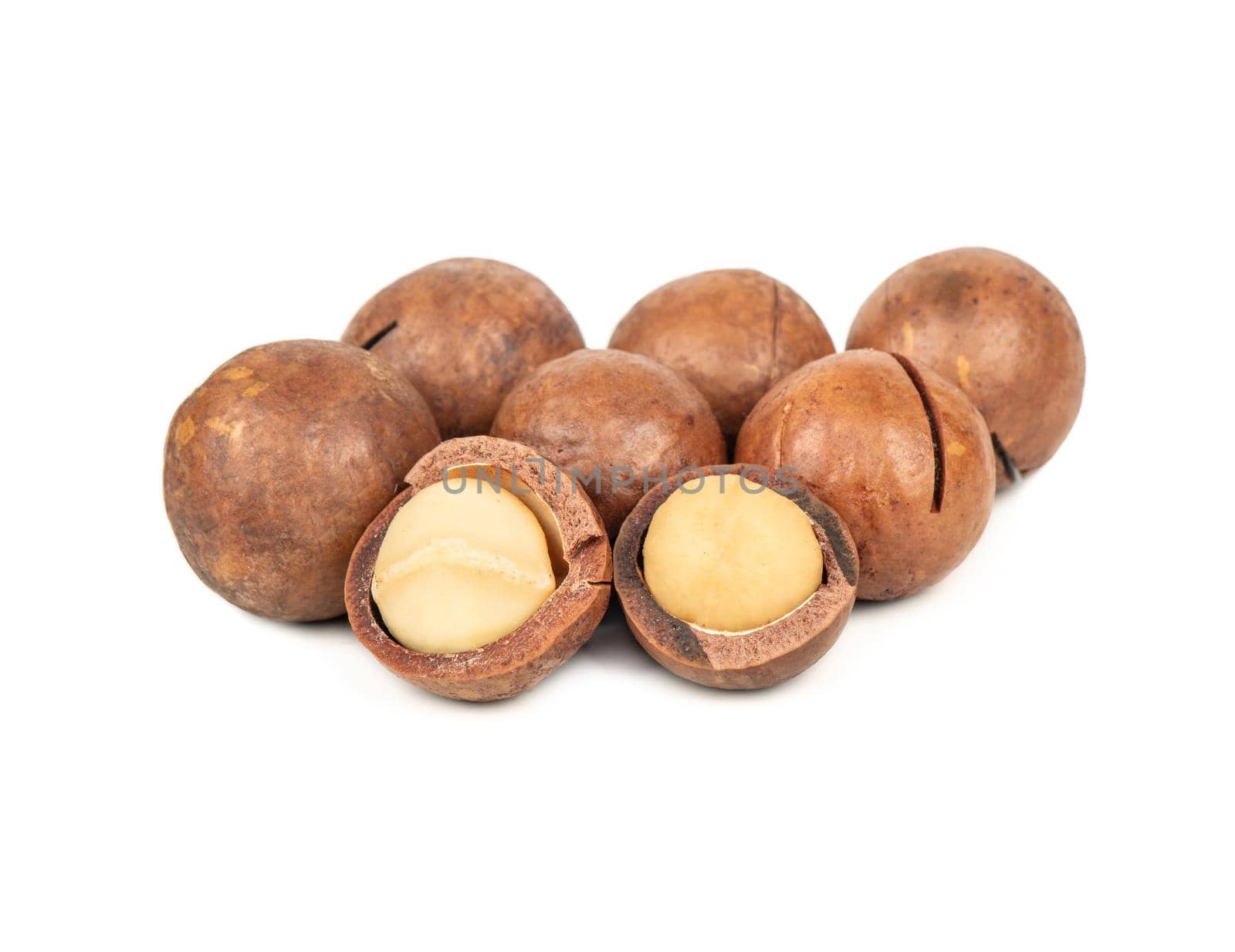Macadamia nuts in a shell and without on a white background