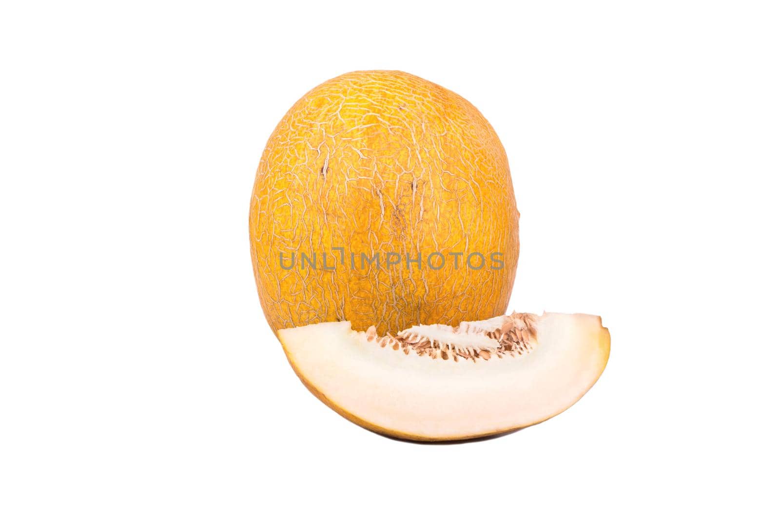 Fresh ripe yellow melon with cut off piece on a white background