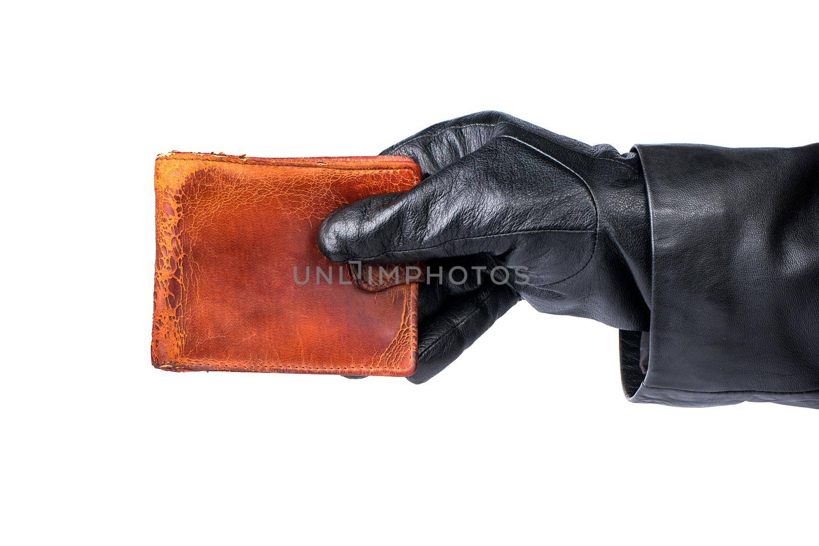 Thief holding in his hand stolen old purse on a white background