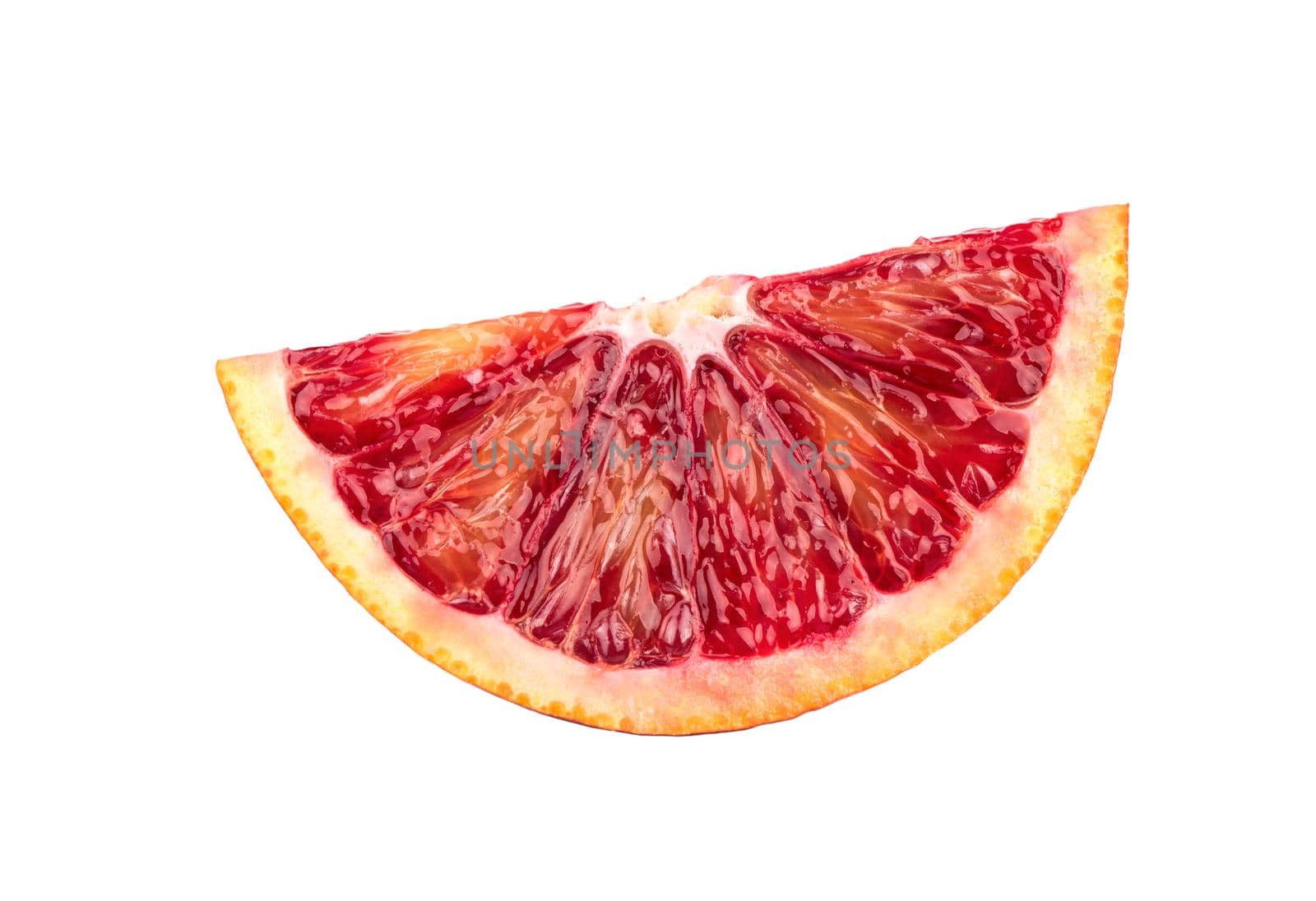 Juicy slice of Sicilian orange fruit isolated on white background
