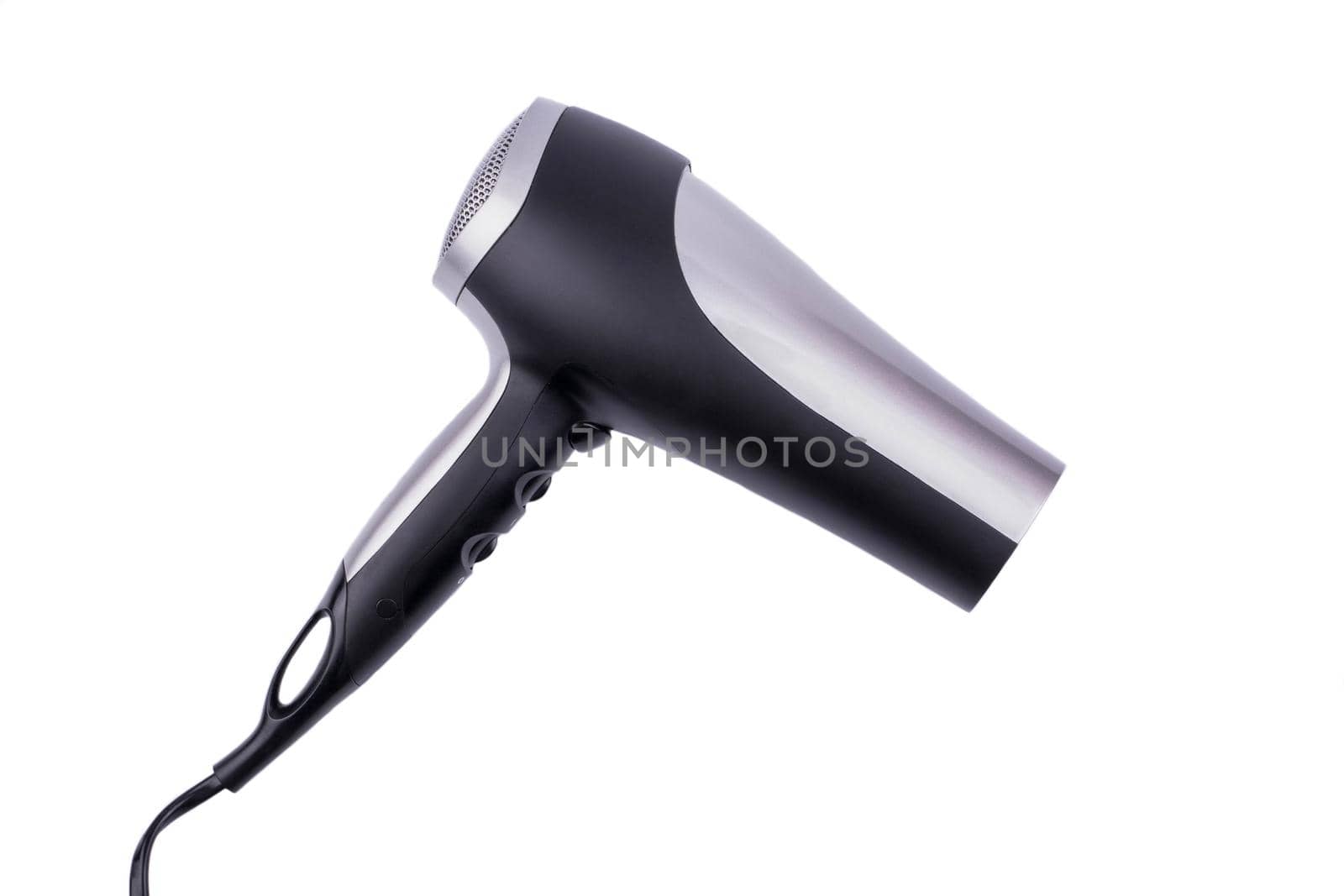 Black and gray hair dryer isolated on white background
