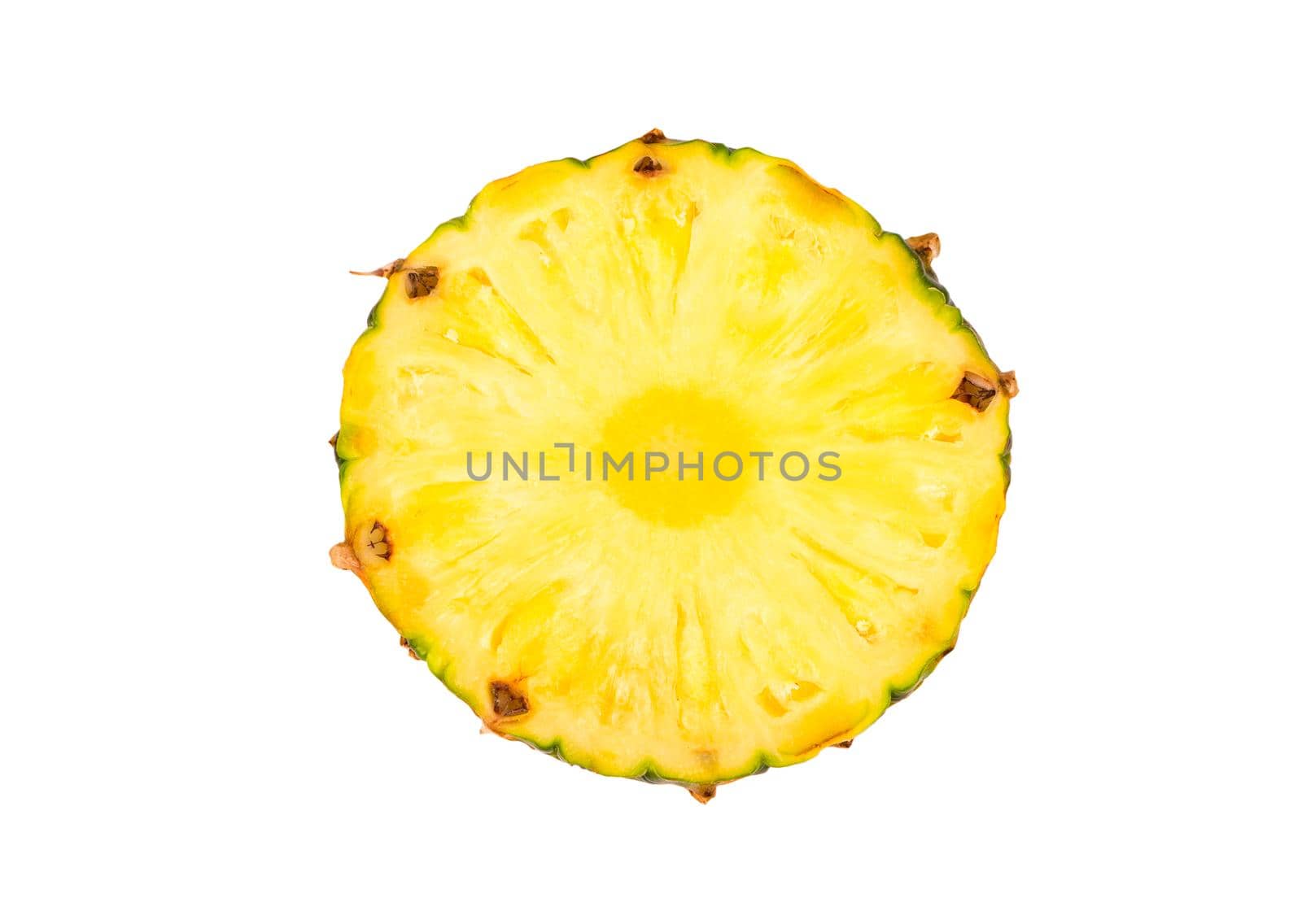 Round slice of juicy fruit pineapple on a white background