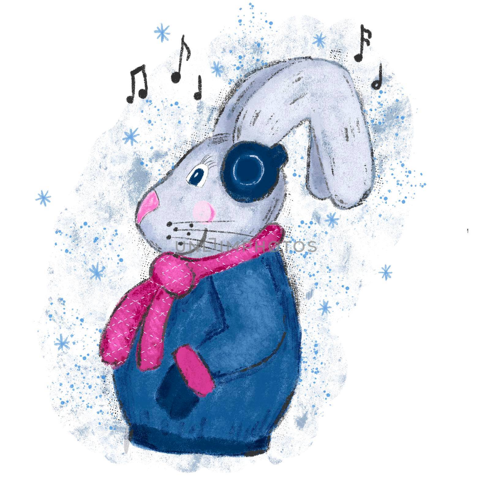 hand drawn illustration of rabbit hare bunny. Winter new year christmas cartoon of character listening to music tunes. Funny illustration for chinese new year 2023 cards invitations in blue pink