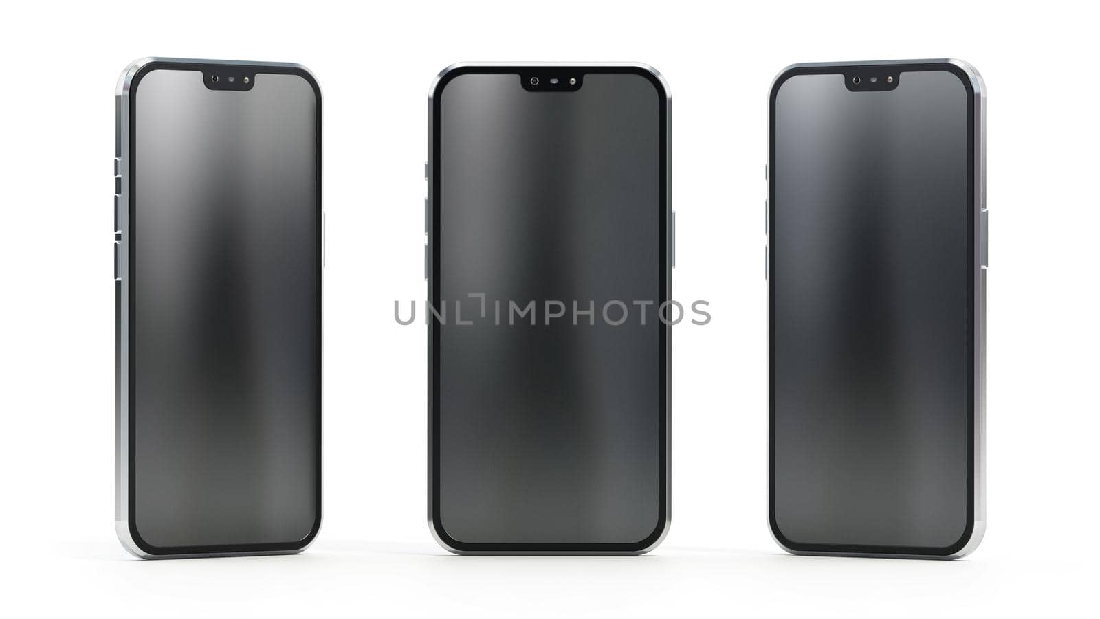 Smartphones with black screens isolated on white background. 3D illustration by Simsek