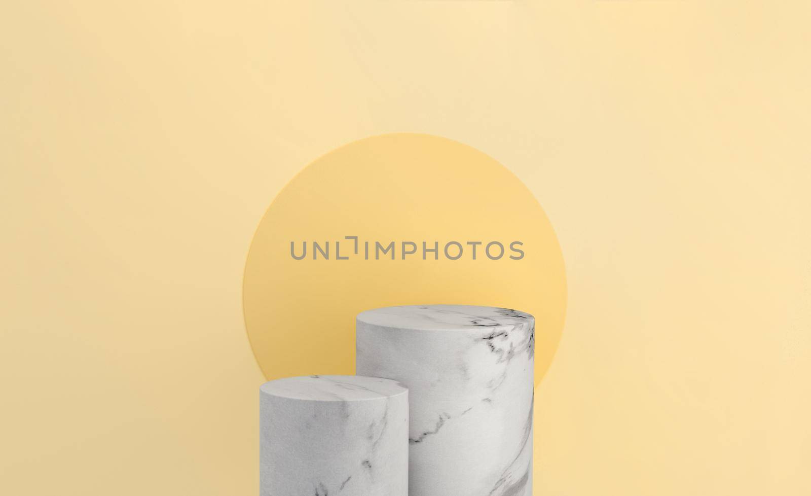 Marble product display on yellow background with modern backdrops studio for summer sunny. Empty pedestal or podium platform. 3D Rendering.