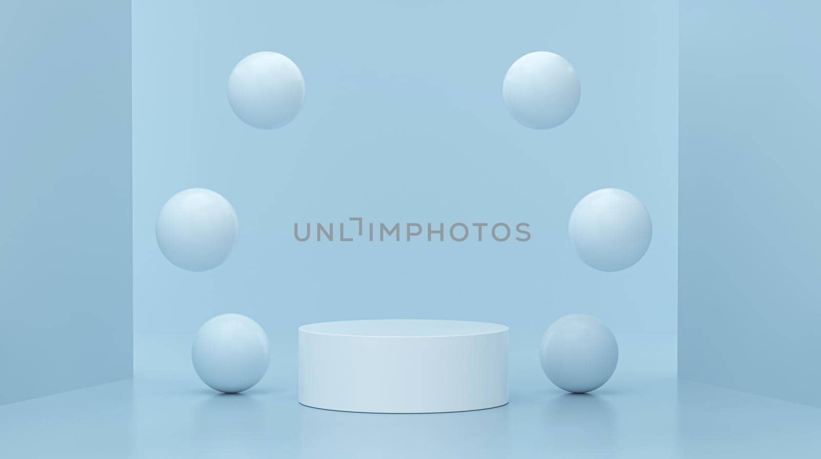 Mockup podium and bubbles around for product display. Premium presentation in blue background. 3d rendering.